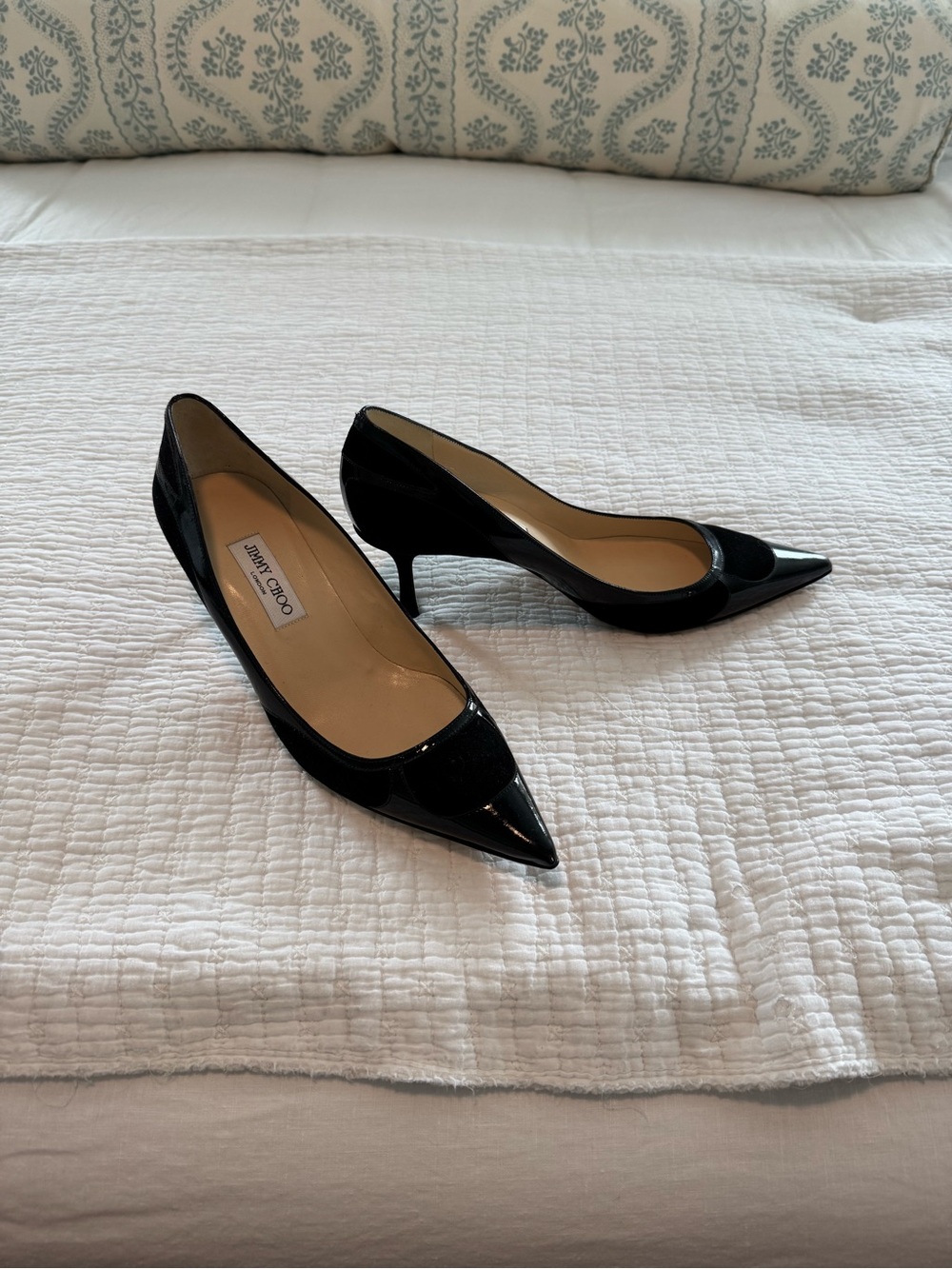 Jimmy Choo Black Patent Leather Pointed Pumps with Kitten Heel